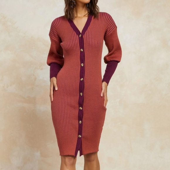 Current Air Contrast Button Down Sweater Brick Dress M - Picture 2 of 11